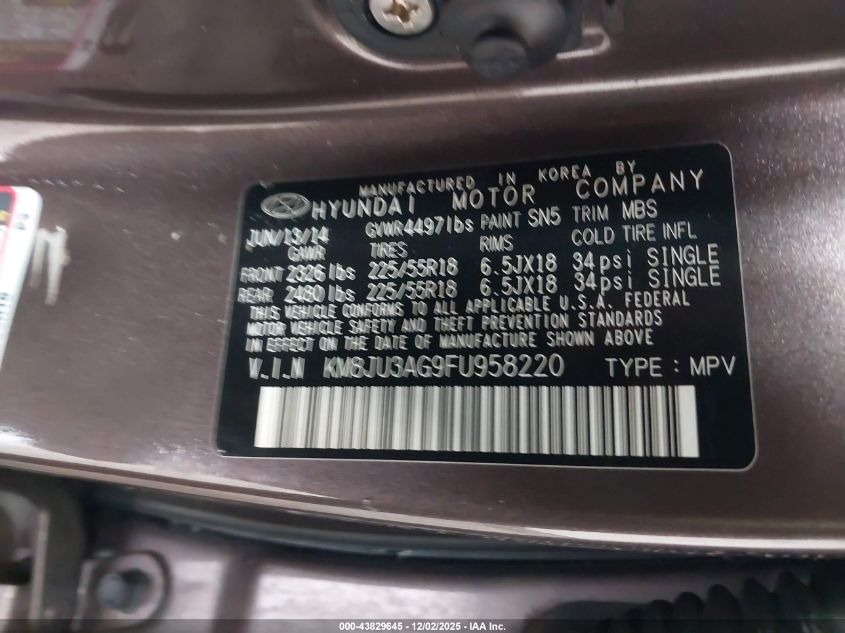 2015 Hyundai Tucson Limited VIN: KM8JU3AG9FU958220 Lot: 43829645