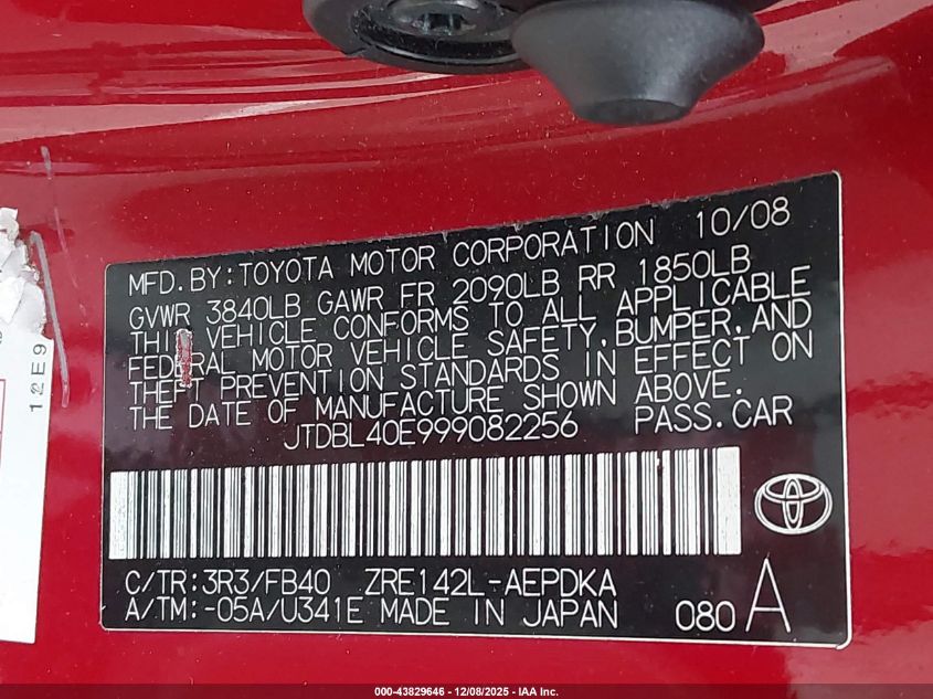 2009 Toyota Corolla Le VIN: JTDBL40E999082256 Lot: 43829646