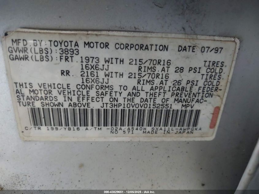 1997 Toyota Rav4 VIN: JT3HP10V0V0152551 Lot: 43829651