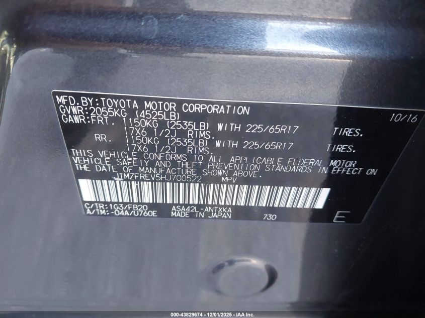 2017 Toyota Rav4 Le VIN: JTMZFREV5HJ700522 Lot: 43829674