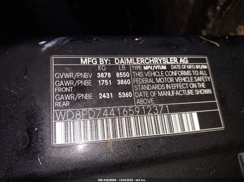 2006 Dodge Sprinter Wagon 2500 Shc VIN: WD8PD744165912371 Lot: 43829696