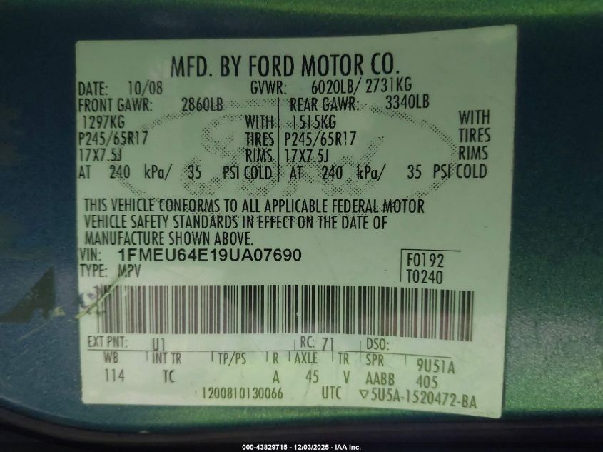 2009 Ford Explorer Eddie Bauer VIN: 1FMEU64E19UA07690 Lot: 43829715