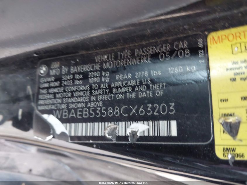 2008 BMW 650I VIN: WBAEB53588CX63203 Lot: 43829719