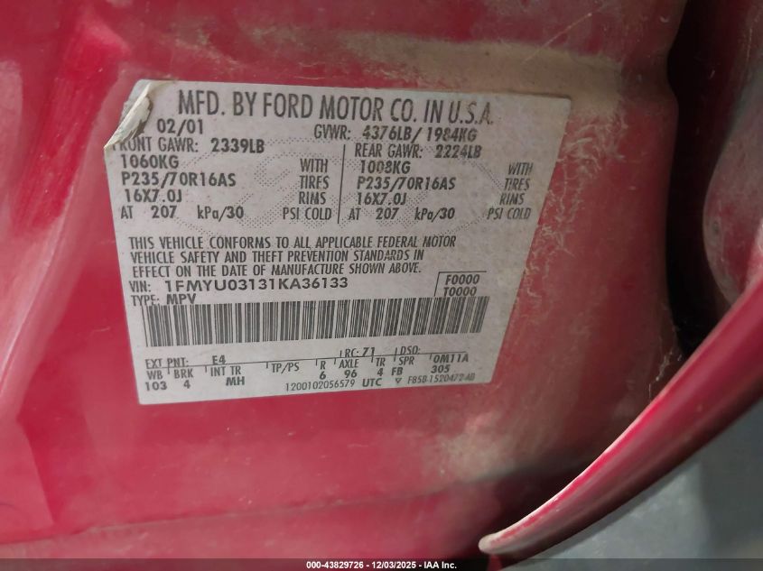 2001 Ford Escape Xlt VIN: 1FMYU03131KA36133 Lot: 43829726