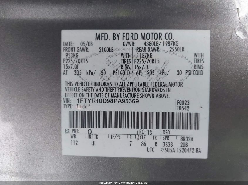 2008 Ford Ranger Xl/Xlt VIN: 1FTYR10D98PA95369 Lot: 43829728