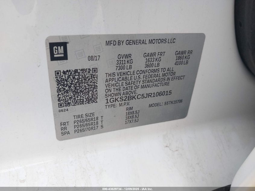 2018 GMC Yukon Slt VIN: 1GKS2BKC5JR106015 Lot: 43829734