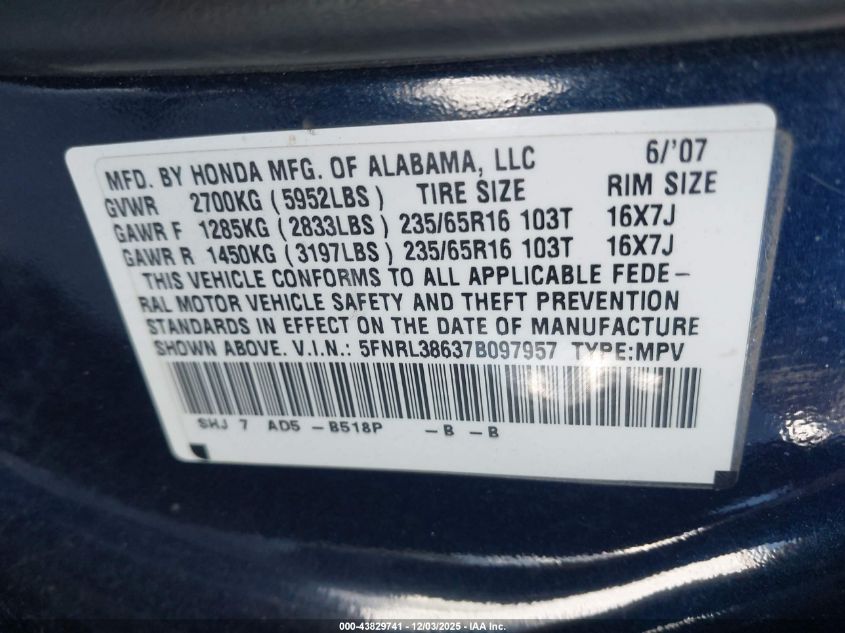 2007 Honda Odyssey Ex-L VIN: 5FNRL38637B097957 Lot: 43829741