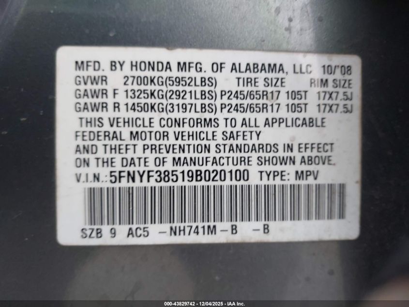 2009 Honda Pilot Ex-L VIN: 5FNYF38519B020100 Lot: 43829742