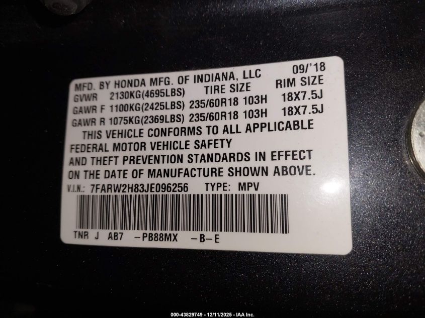 2018 Honda Cr-V Ex-L/Ex-L Navi VIN: 7FARW2H83JE096256 Lot: 43829749
