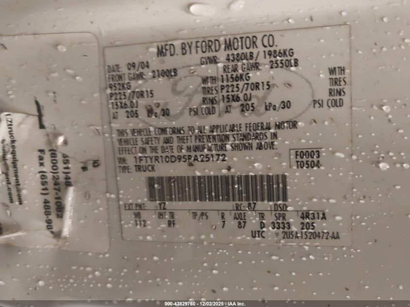2005 Ford Ranger Xl/Xls/Xlt VIN: 1FTYR10D95PA25172 Lot: 43829760