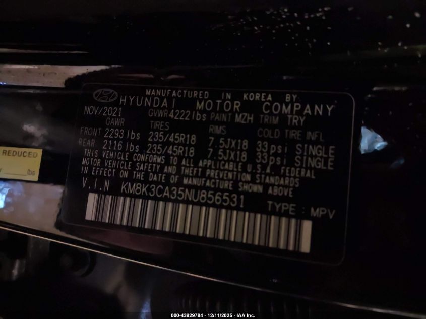 2022 Hyundai Kona N Line VIN: KM8K3CA35NU856531 Lot: 43829784