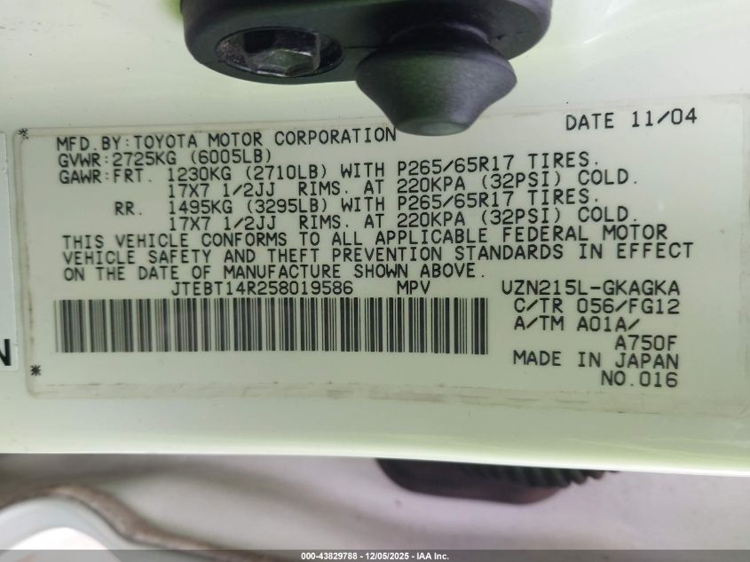 2005 Toyota 4Runner Sr5 V8 VIN: JTEBT14R258019586 Lot: 43829788