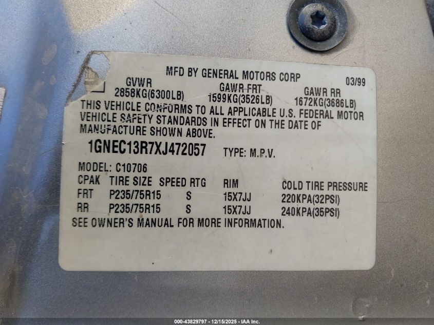 1999 Chevrolet Tahoe Lt VIN: 1GNEC13R7XJ472057 Lot: 43829797