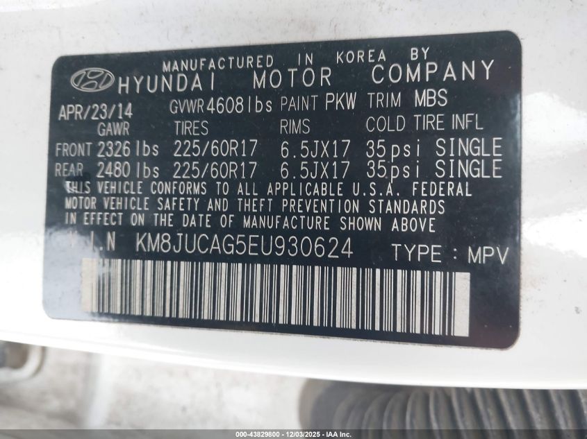 2014 Hyundai Tucson Se VIN: KM8JUCAG5EU930624 Lot: 43829800