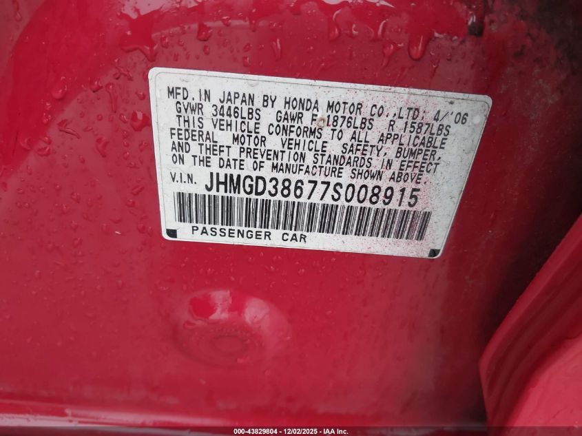 2007 Honda Fit Sport VIN: JHMGD38677S008915 Lot: 43829804
