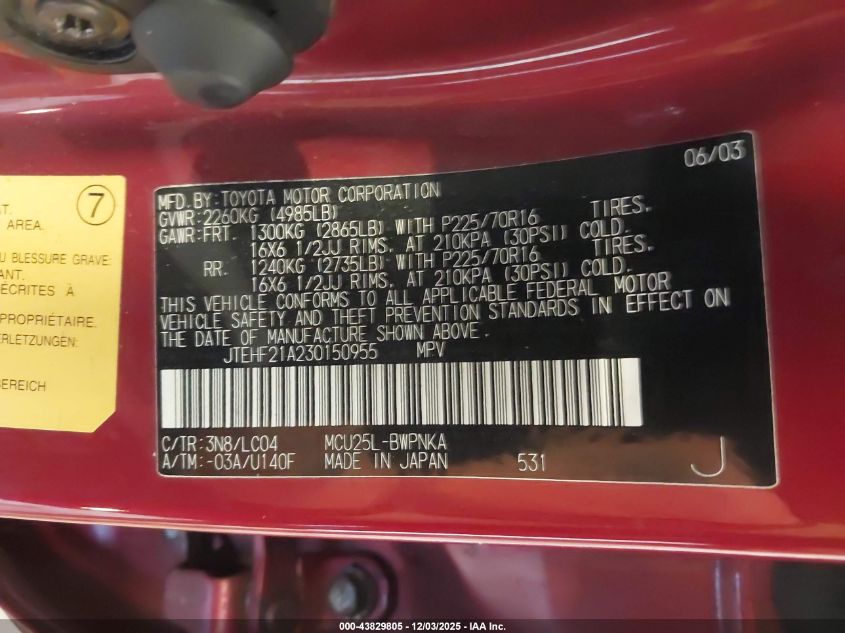 2003 Toyota Highlander Limited V6 VIN: JTEHF21A230150955 Lot: 43829805