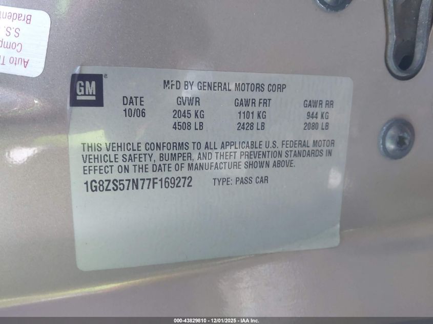 2007 Saturn Aura Xe VIN: 1G8ZS57N77F169272 Lot: 43829810