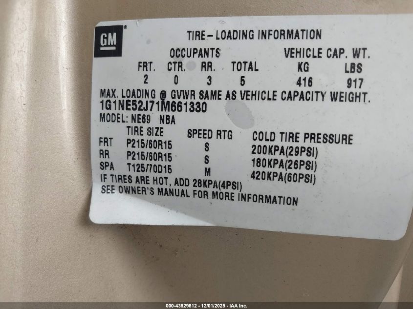 2001 Chevrolet Malibu Ls VIN: 1G1NE52J71M661330 Lot: 43829812