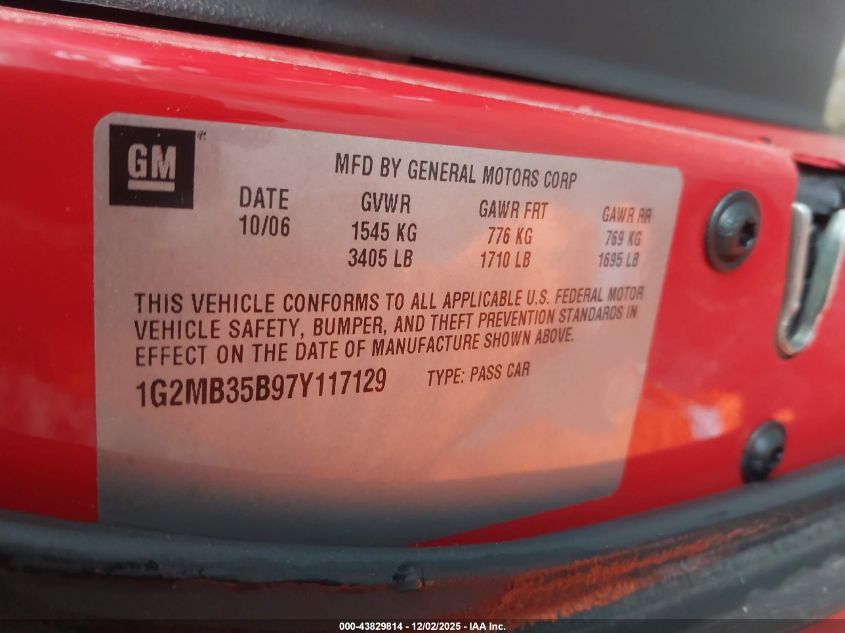 2007 Pontiac Solstice VIN: 1G2MB35B97Y117129 Lot: 43829814