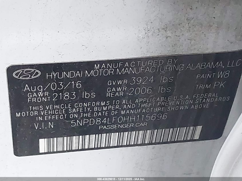 2017 Hyundai Elantra Se VIN: 5NPD84LF0HH115696 Lot: 43829815