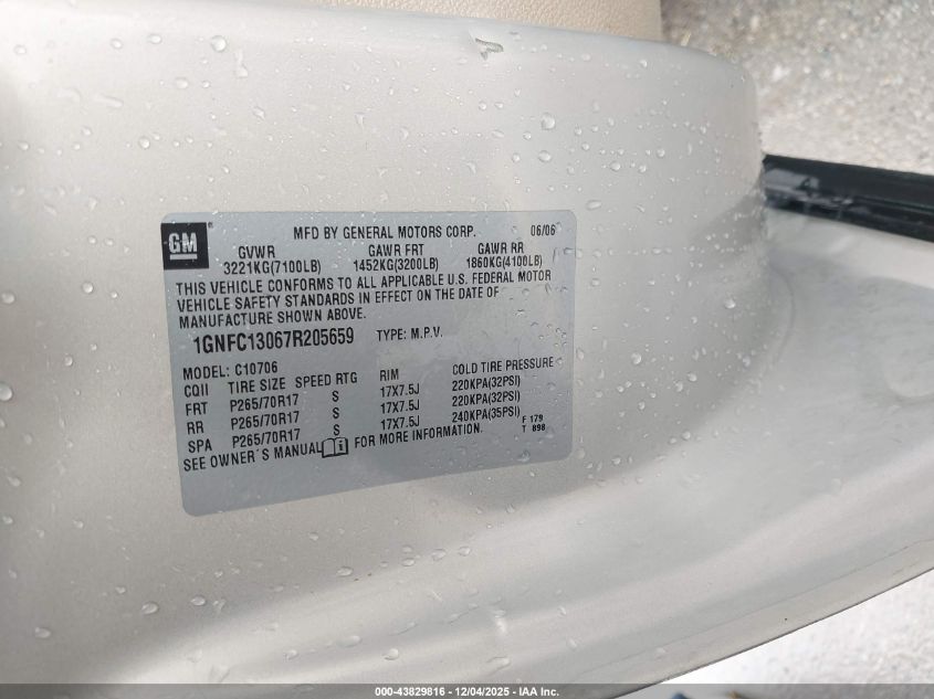 2007 Chevrolet Tahoe Ls VIN: 1GNFC13067R205659 Lot: 43829816