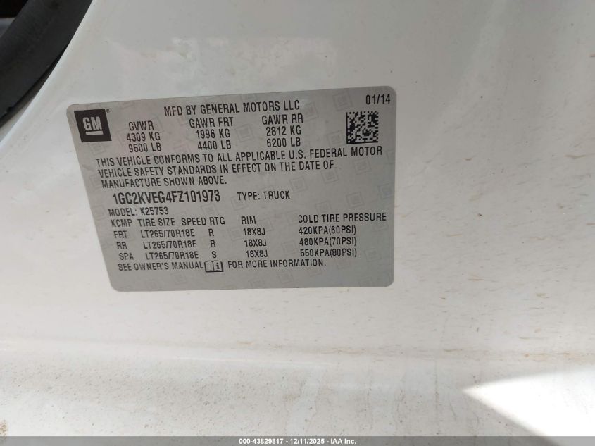 2015 Chevrolet Silverado 2500Hd Lt VIN: 1GC2KVEG4FZ101973 Lot: 43829817