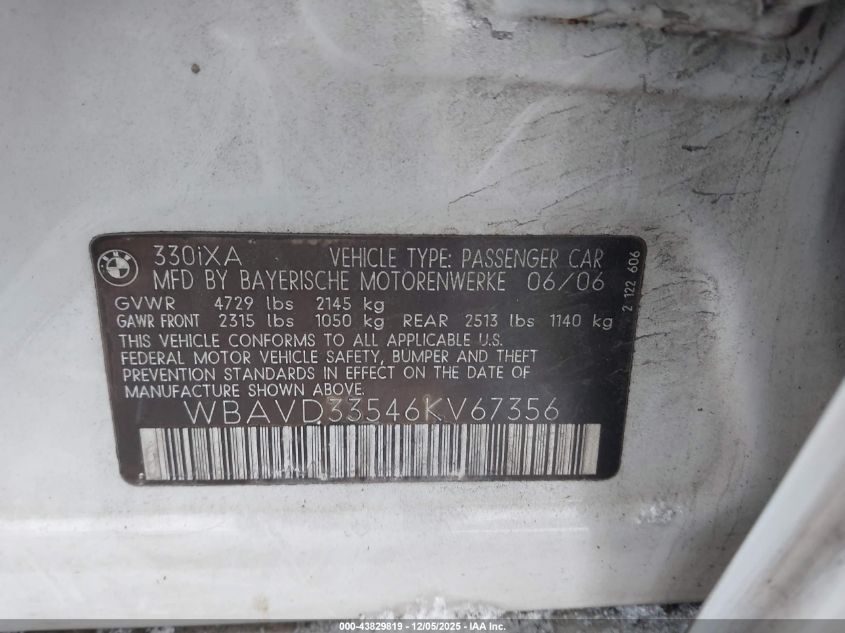 2006 BMW 330Xi VIN: WBAVD33546KV67356 Lot: 43829819