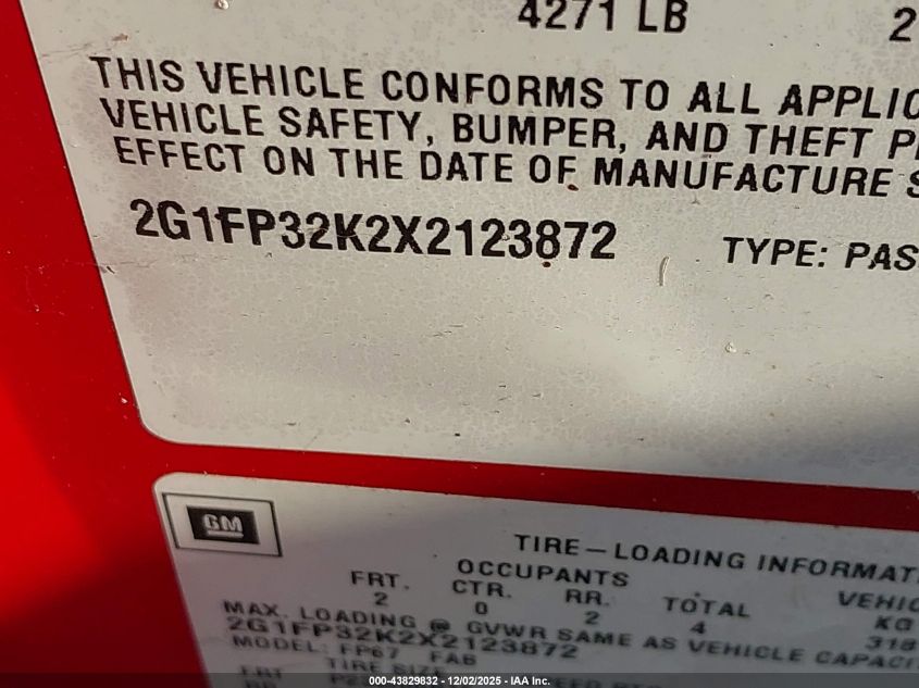 1999 Chevrolet Camaro VIN: 2G1FP32K2X2123872 Lot: 43829832