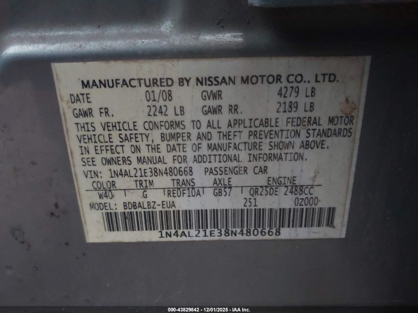 2008 Nissan Altima 2.5 S VIN: 1N4AL21E38N480668 Lot: 43829842