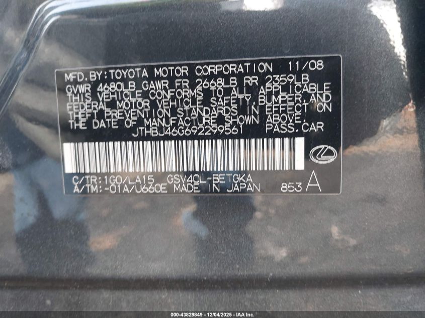 2009 Lexus Es 350 VIN: JTHBJ46G692299561 Lot: 43829849