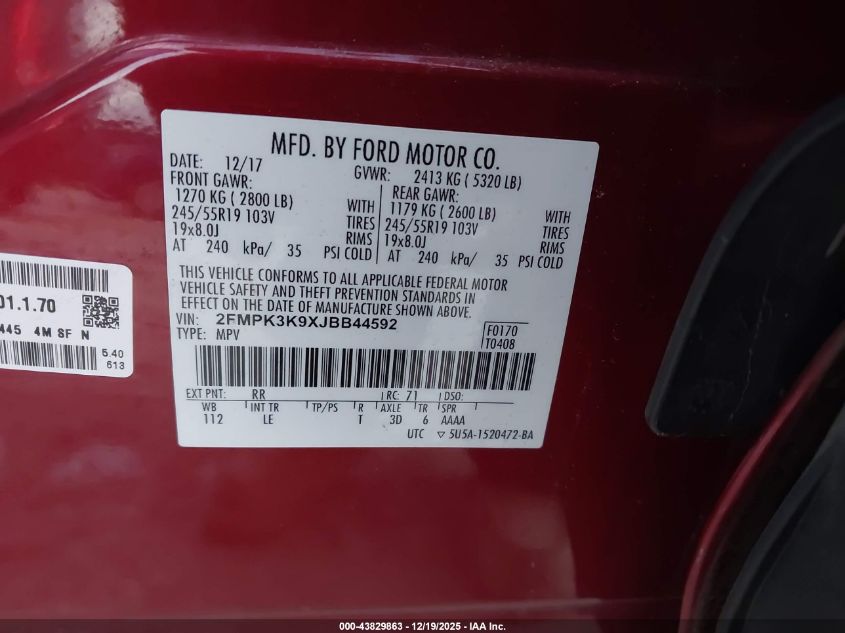 2018 Ford Edge Titanium VIN: 2FMPK3K9XJBB44592 Lot: 43829863