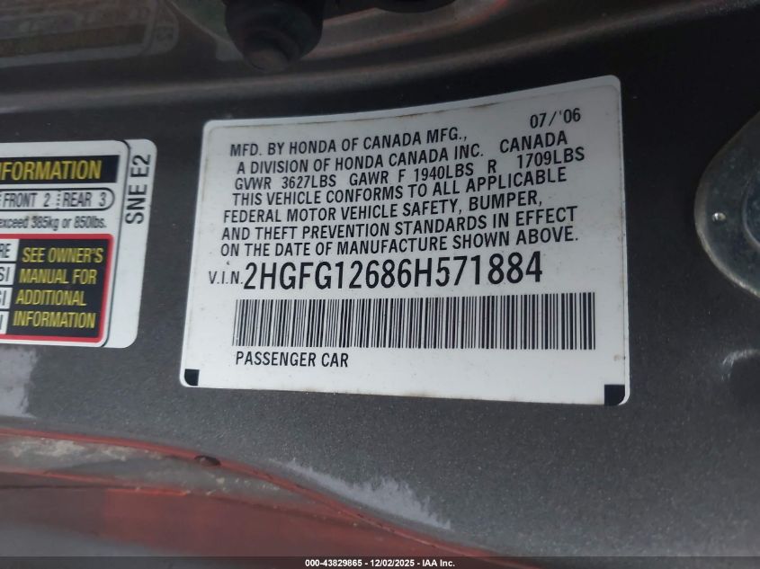 2006 Honda Civic Lx VIN: 2HGFG12686H571884 Lot: 43829865