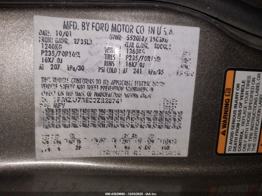 2002 Ford Explorer Xlt VIN: 1FMZU73E32ZB28741 Lot: 43829868