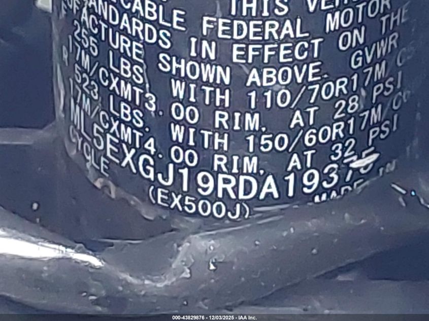 2024 Kawasaki Ex500 A/B VIN: ML5EXGJ19RDA19375 Lot: 43829876