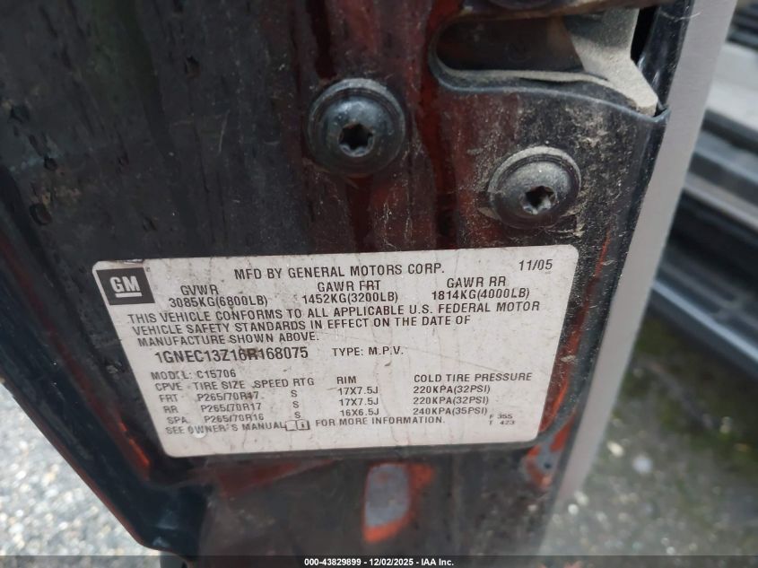 2006 Chevrolet Tahoe Lt VIN: 1GNEC13Z16R168075 Lot: 43829899