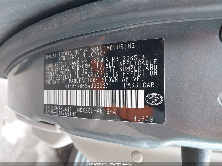 2004 Toyota Avalon Xls VIN: 4T1BF28B54U360271 Lot: 43829917