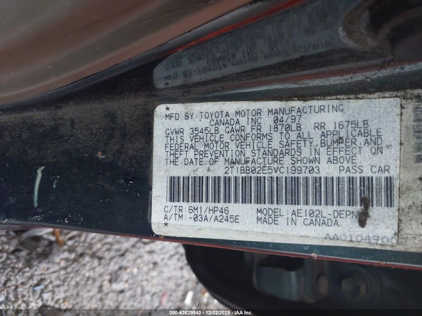 1997 Toyota Corolla Dx VIN: 2T1BB02E5VC199703 Lot: 43829940