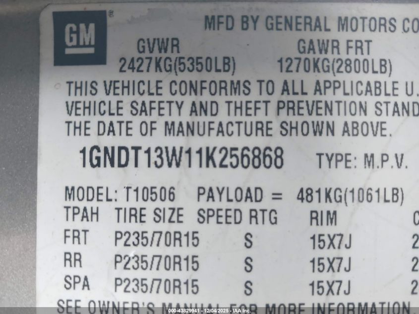 2001 Chevrolet Blazer Lt VIN: 1GNDT13W11K256868 Lot: 43829941