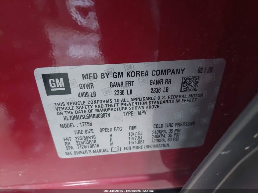 2021 Chevrolet Trailblazer Awd Rs VIN: KL79MUSL6MB003874 Lot: 43829955