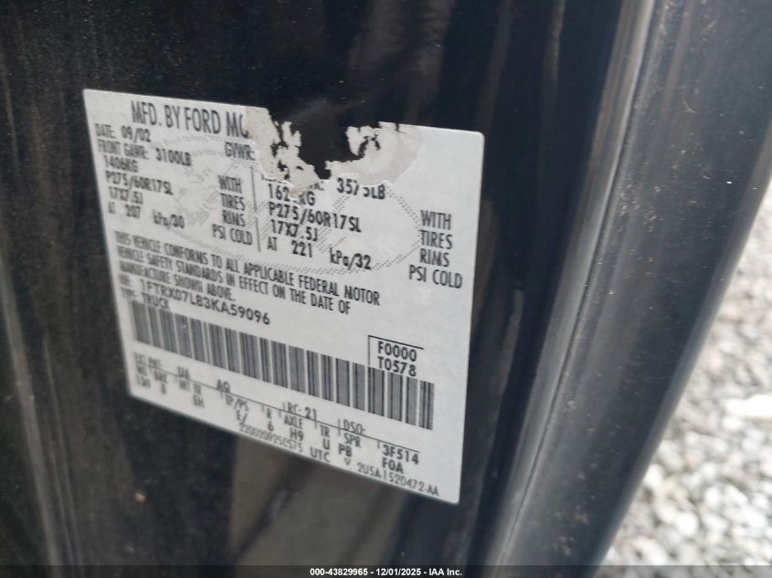 2003 Ford F-150 Lariat/Xl/Xlt VIN: 1FTRX07L83KA59096 Lot: 43829965