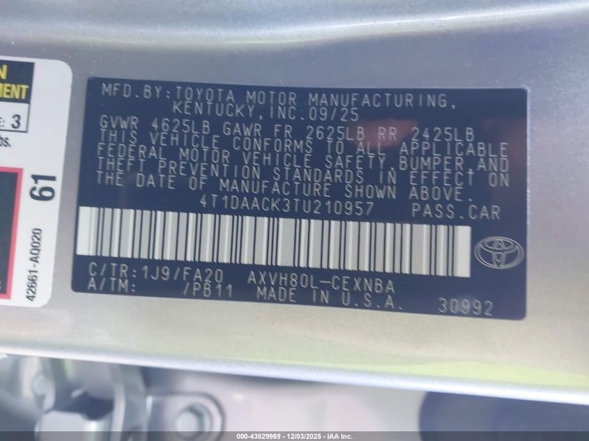 2026 Toyota Camry Le VIN: 4T1DAACK3TU210957 Lot: 43829969