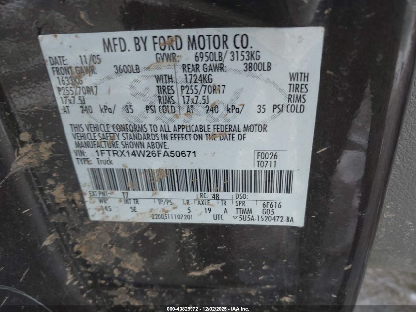 2006 Ford F-150 Stx/Xl/Xlt VIN: 1FTRX14W26FA50671 Lot: 43829972