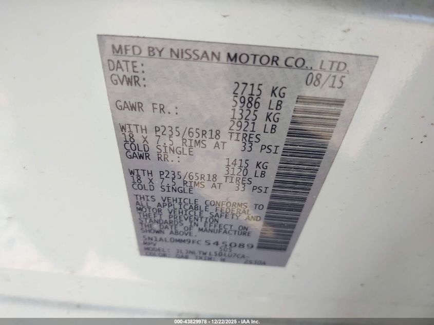 2015 Infiniti Qx60 VIN: 5N1AL0MM9FC545089 Lot: 43829978