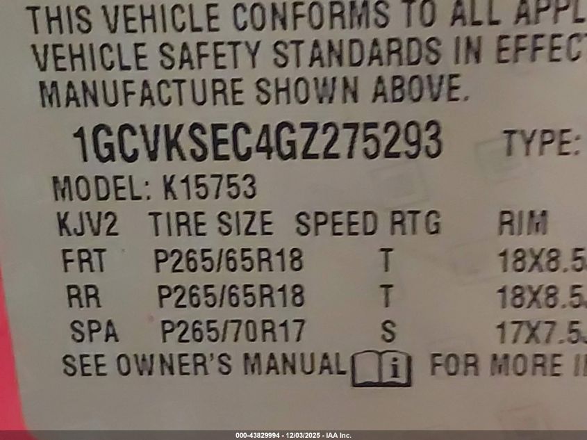 2016 Chevrolet Silverado 1500 2Lz VIN: 1GCVKSEC4GZ275293 Lot: 43829994