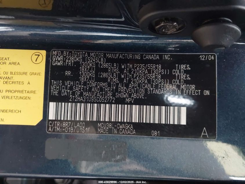 2005 Lexus Rx 330 VIN: 2T2HA31U95C052772 Lot: 43829996