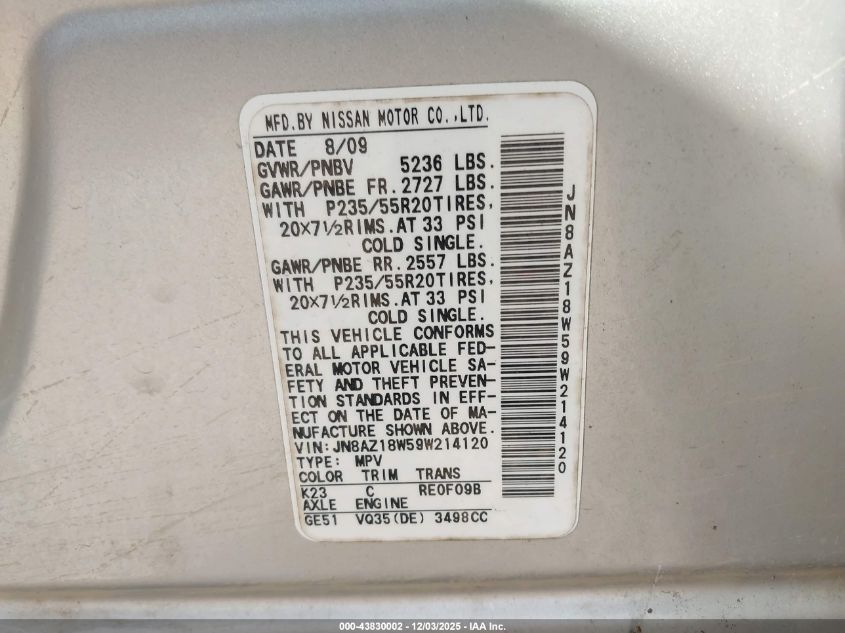 2009 Nissan Murano Le VIN: JN8AZ18W59W214120 Lot: 43830002