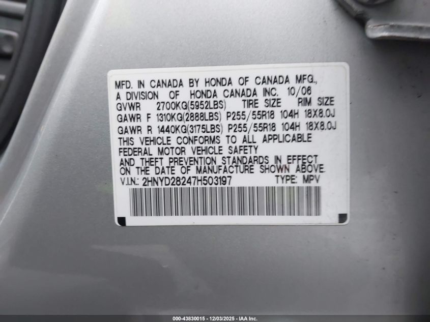 2007 Acura Mdx VIN: 2HNYD28247H503197 Lot: 43830015