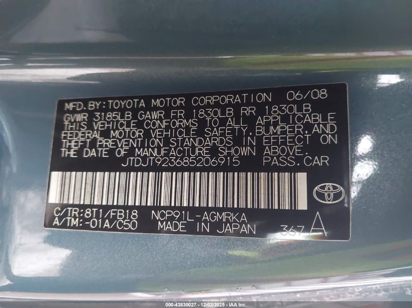 2008 Toyota Yaris VIN: JTDJT923685206915 Lot: 43830027