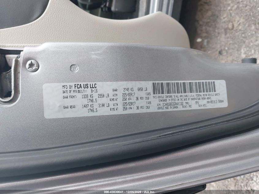 2016 Dodge Grand Caravan American Value Pkg VIN: 2C4RDGBG3GR401122 Lot: 43830041