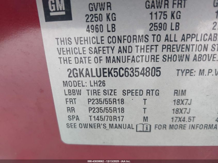 2012 GMC Terrain Slt-1 VIN: 2GKALUEK5C6354805 Lot: 43830062